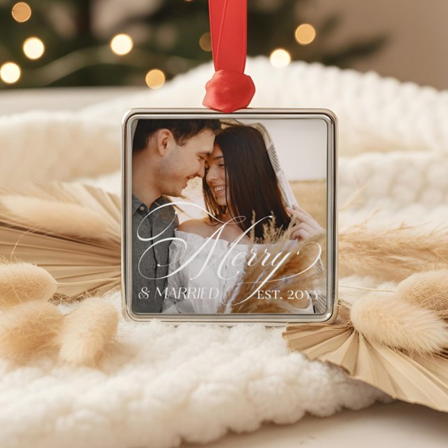 Merry & Married Elegant Script Newlyweds Photo Metal Tree Decoration (Merry & Married Elegant Script Newlyweds Photo Metal Ornament)