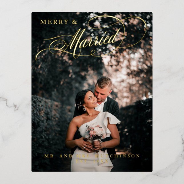 Merry & Married Elegant Script Photo Foil Holiday Postcard (Front)