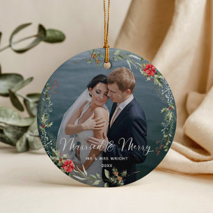 Merry & Married Elegant Script Wedding Photo Ceramic Tree Decoration