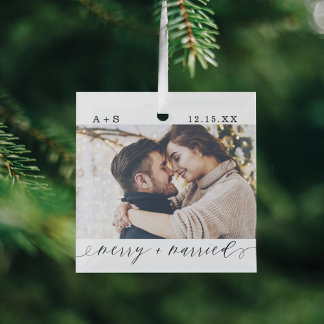 Merry & Married Elegant Script Wedding Photos Glass Tree Decoration