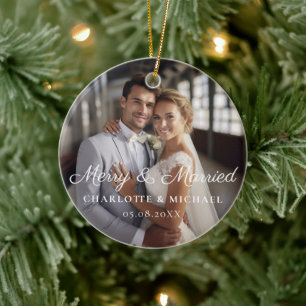 Merry & Married! Elegant, Simpel, Photo Ceramic Tree Decoration
