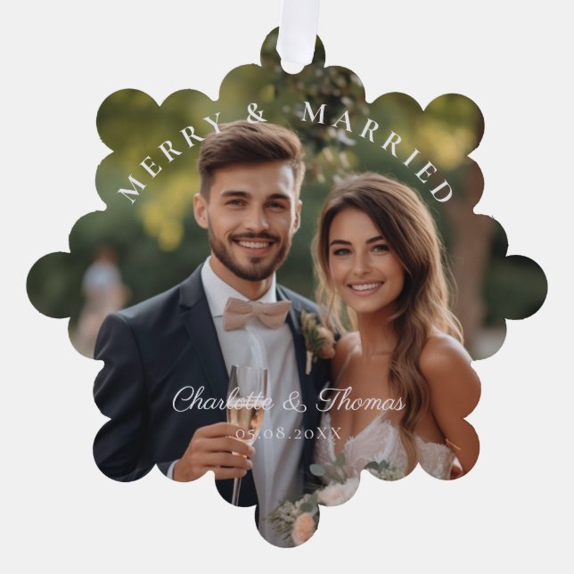 Merry & Married!  Elegant, Simpel, Photo Tree Decoration Card (Front)