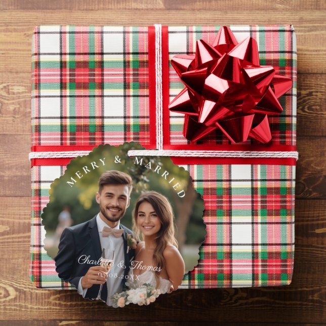 Merry & Married!  Elegant, Simpel, Photo Tree Decoration Card (Insitu (Gift))
