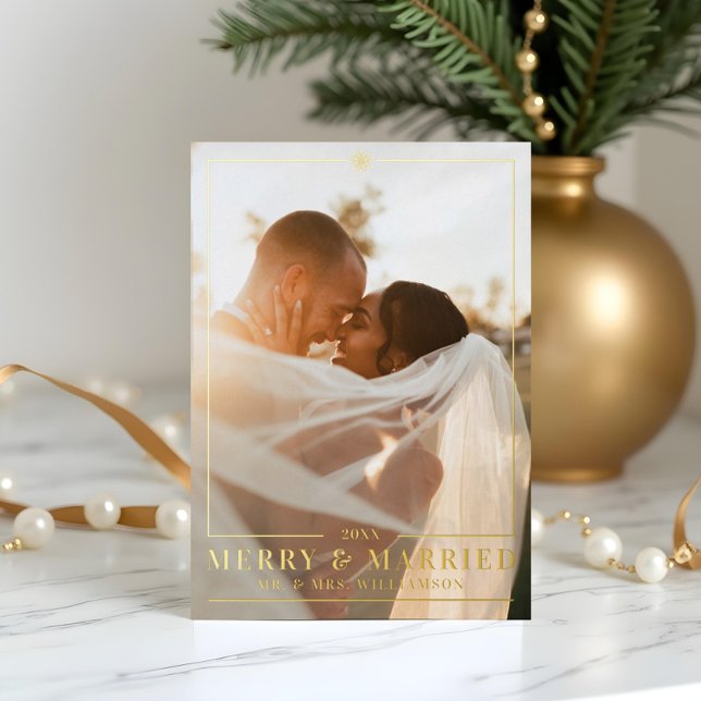 Merry & Married Elegant Wedding Photo Snowflake Foil Holiday Card (Merry & Married Elegant Wedding Photo Snowflake Foil Holiday Card)