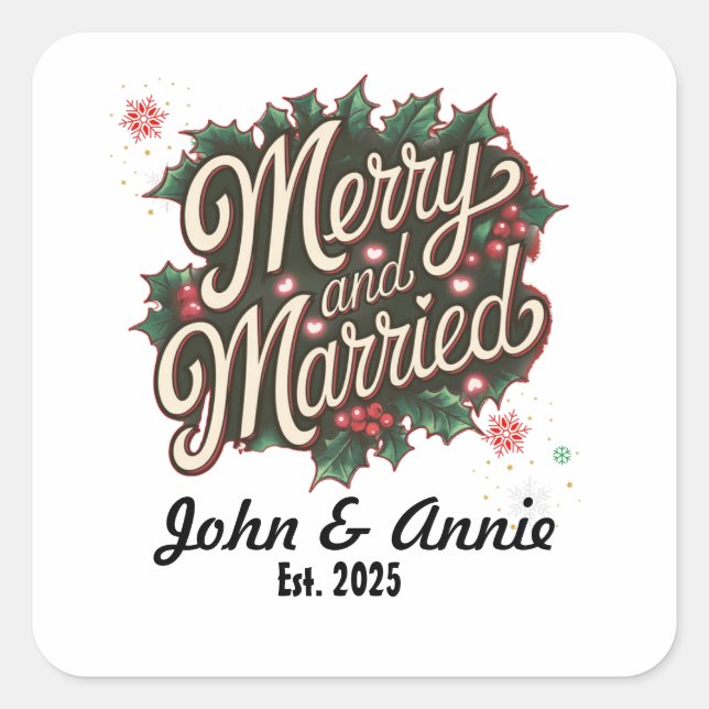 Merry Married  Festive Holiday Design for Couples Square Sticker (Front)
