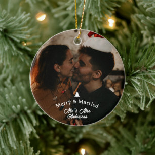 Merry & Married First Christmas Script Photo Ceramic Tree Decoration
