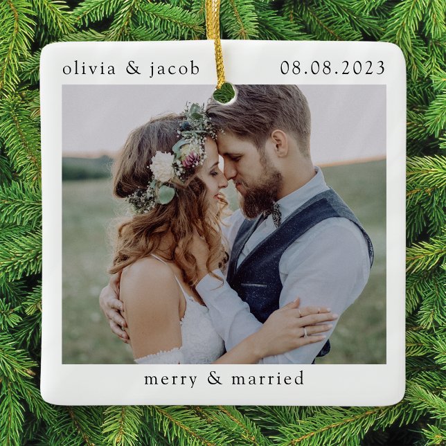 Merry & Married First Christmas Wedding Photo Ceramic Ornament (Creator Uploaded)