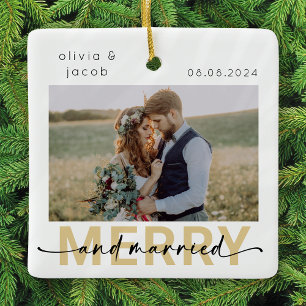 Merry & Married First Christmas Wedding Photo Ceramic Ornament