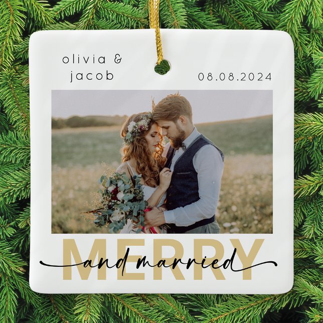 Merry & Married First Christmas Wedding Photo Ceramic Ornament (Creator Uploaded)