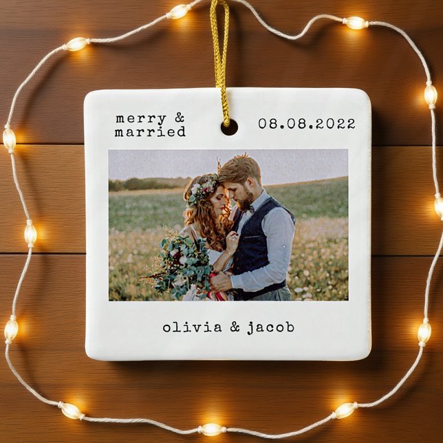 Merry & Married First Christmas Wedding Photo Ceramic Ornament (Creator Uploaded)