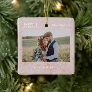 Merry & Married First Christmas Wedding Photo Ceramic Ornament