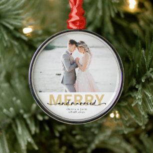Merry & Married First Christmas Wedding Photo Metal Tree Decoration