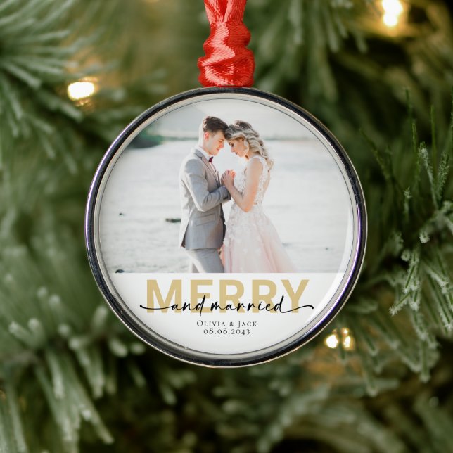 Merry & Married First Christmas Wedding Photo Metal Tree Decoration (Tree)