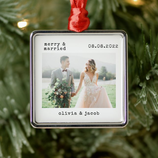Merry & Married First Christmas Wedding Photo Metal Tree Decoration (Tree)