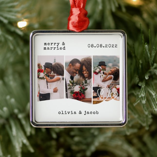 Merry & Married First Christmas Wedding Photo Metal Tree Decoration (Tree)