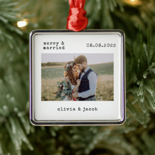 Merry & Married First Christmas Wedding Photo Metal Tree Decoration