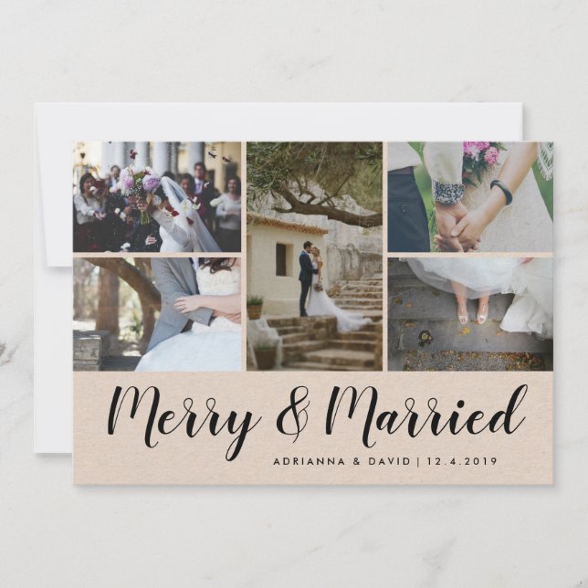 Merry & Married | Five Photo | Christmas Wedding Holiday Card (Front)