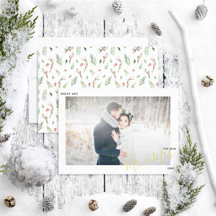Merry & Married Forest Berry Wedding Photo Foil Holiday Card