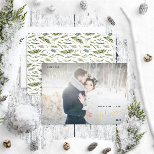 Merry & Married Forest Watercolor Wedding Photo Foil Holiday Card
