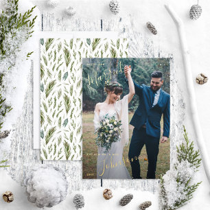 Merry & Married Forest Watercolor Wedding Photo Foil Holiday Card