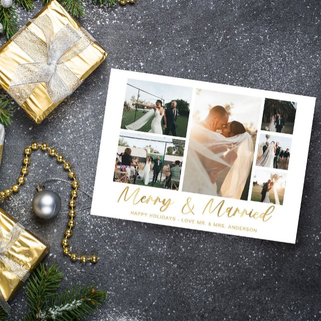 Merry & Married Gold 6 Multi Photo Holiday Card (Creator Uploaded)