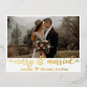 merry&married, gold calligraphy 2 wedding photos  foil holiday postcard
