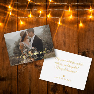 merry&married, gold calligraphy chic wedding photo card