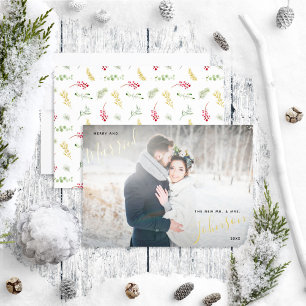 Merry & Married Gold Greenery Wedding Photo Foil Holiday Card