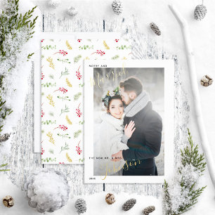 Merry & Married Gold Winter Wedding Photo Foil Holiday Card