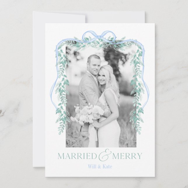 Merry & Married Grandmillenial Blue Christmas Card (Front)