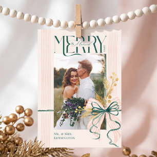 Merry & Married Green Bow Christmas Wedding Photo Holiday Card