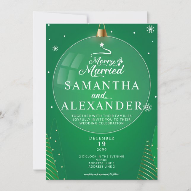Merry & Married Green Christmas Star Tree Wedding Invitation (Front)