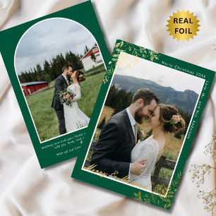 Merry & Married Green & Gold 2 Photo Christmas Foil Holiday Card