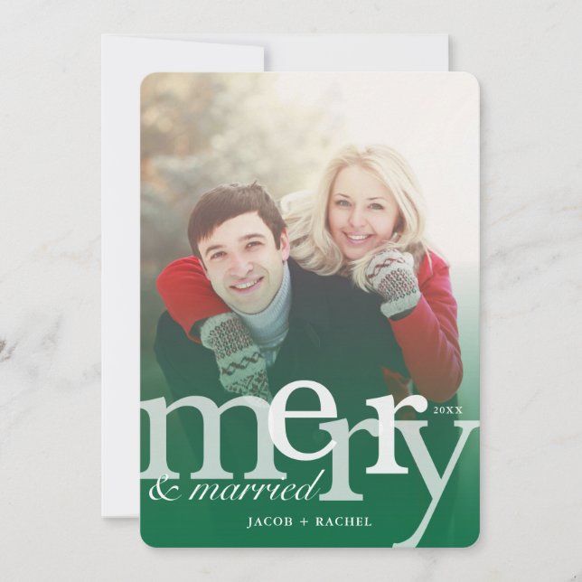 MERRY & Married Green Overlay Photo Christmas Holiday Card (Front)
