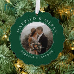Merry Married Green Wedding Photo Christmas Tree Decoration Card<br><div class="desc">Merry Married Green Wedding Photo Christmas Ornament Card</div>