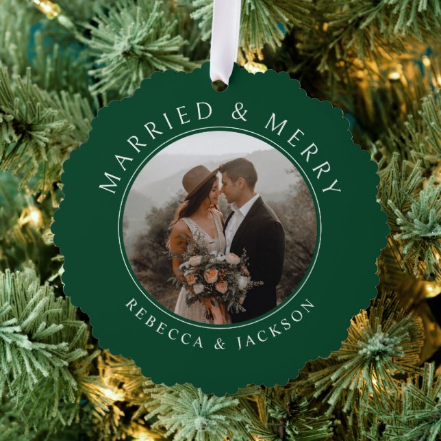 Merry Married Green Wedding Photo Christmas Tree Decoration Card (Insitu (Tree))