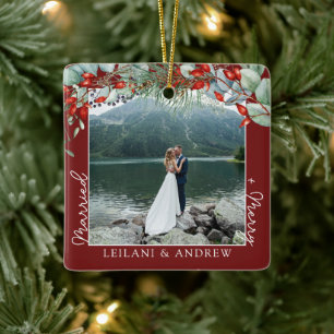 Merry Married Greenery Watercolor Photo Burgundy Ceramic Ornament