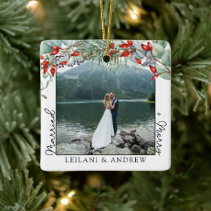 Merry Married Greenery Watercolor Photo Ceramic Ornament