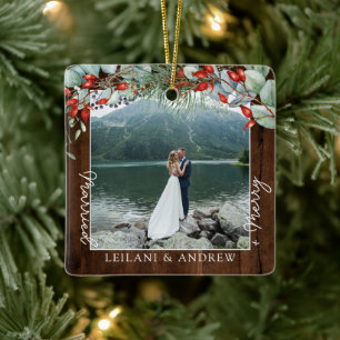 Merry Married Greenery Watercolor Photo Dark Wood Ceramic Ornament