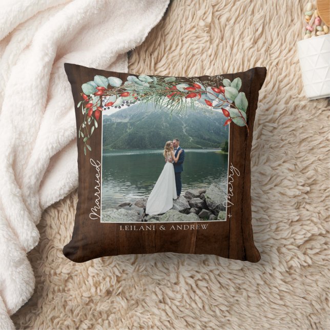 Merry Married Greenery Watercolor Photo Dark Wood Cushion (Blanket)