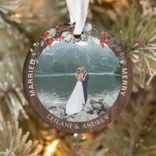Merry Married Greenery Watercolor Photo Dark Wood Ornament