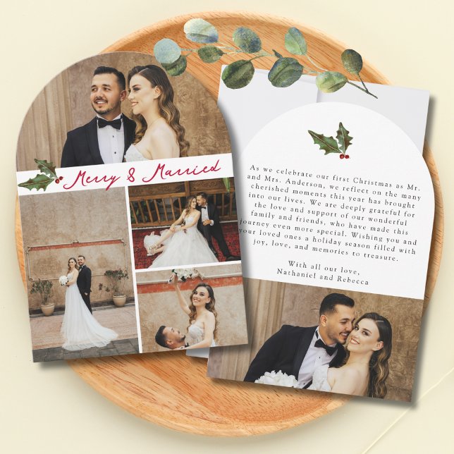 Merry & Married Handwritten 5 Photo Christmas Card (Creator Uploaded)