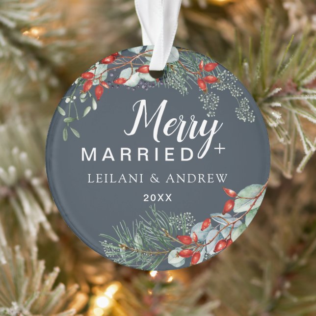 Merry Married Holly Greenery Christmas Grey Ornament (Tree)