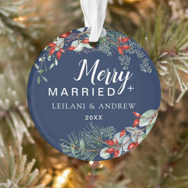 Merry Married Holly Greenery Christmas Navy Ornament (Tree)