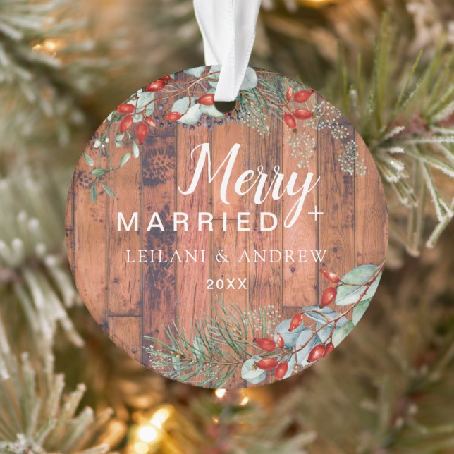 Merry Married Holly Greenery Christmas Rustic Ornament (Tree)