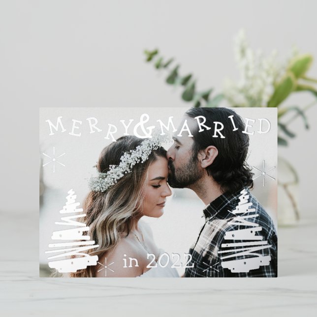 Merry & Married in 2025 Newlywed Photo Silver Foil Holiday Card (Standing Front)