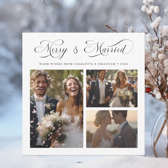 Merry & Married Modern Elegant Script 3 Photo      Holiday Card (Creator Uploaded)