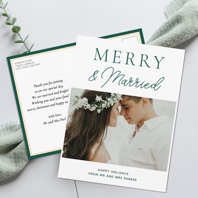 Merry Married Modern Green Script Photo Christmas Holiday Postcard (Creator Uploaded)