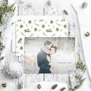 Merry & Married Modern Holly Berry Wedding Photo Foil Holiday Card