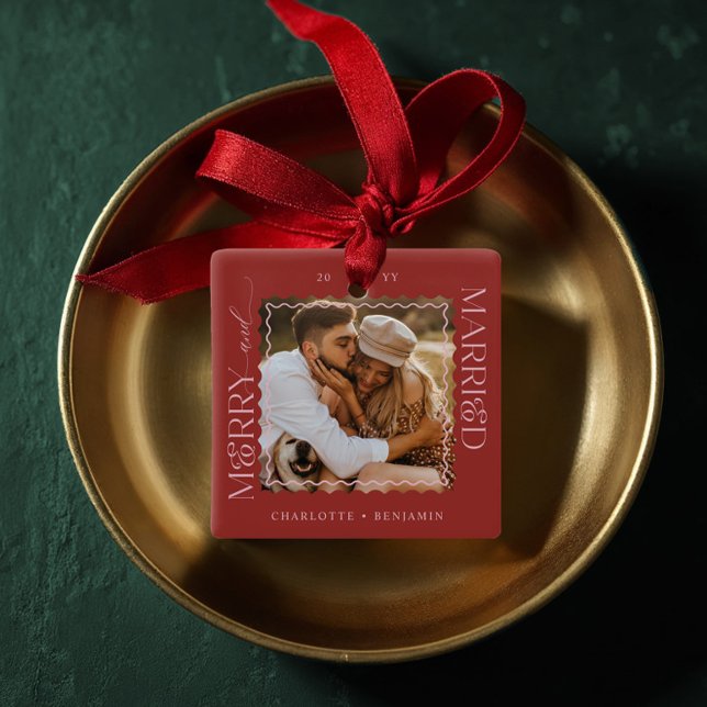 Merry & Married Modern Minimal Wavy Photo Keepsake Ceramic Ornament (Merry & Married Modern Minimal Wavy Photo Keepsake Ceramic Ornament)